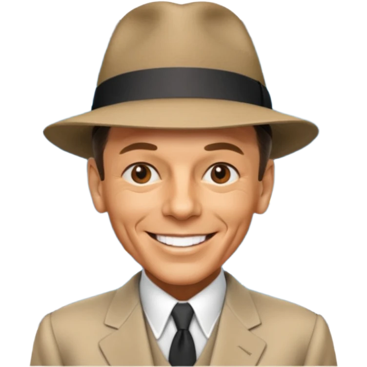 Frank Sinatra with the hat on, smiling and showing data analytics on a screen in the background emoji