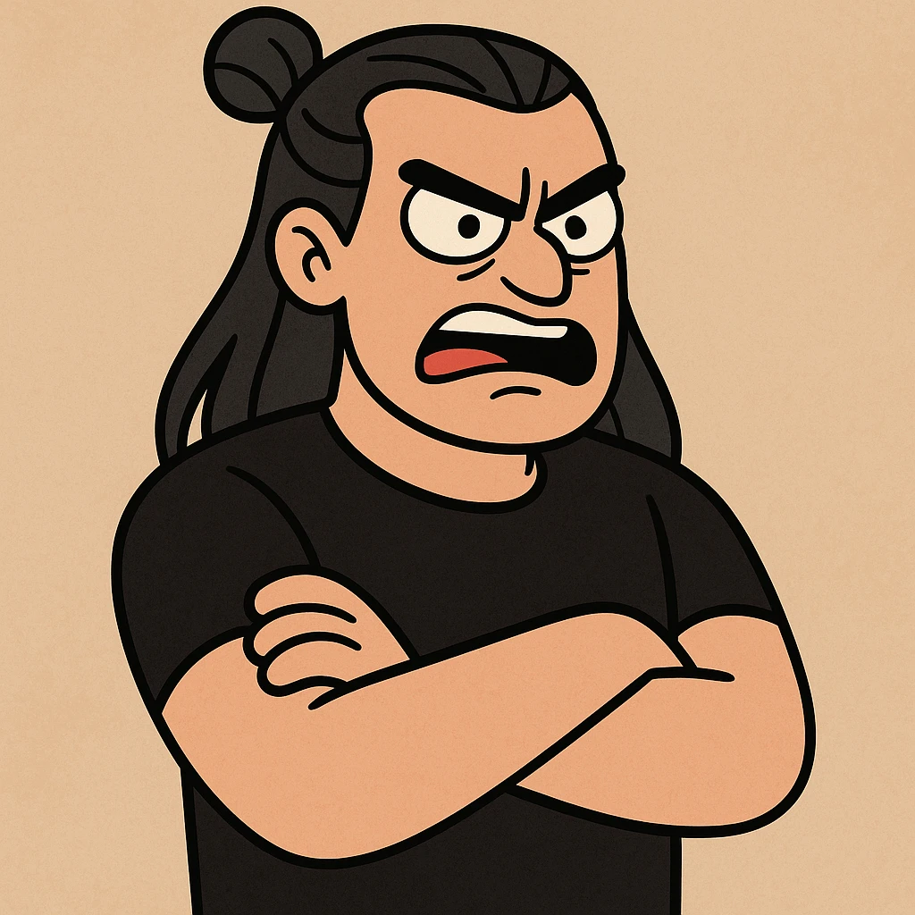 cartoon style angry man with long black hair tied in a bun, arms crossed, wearing black clothes emoji
