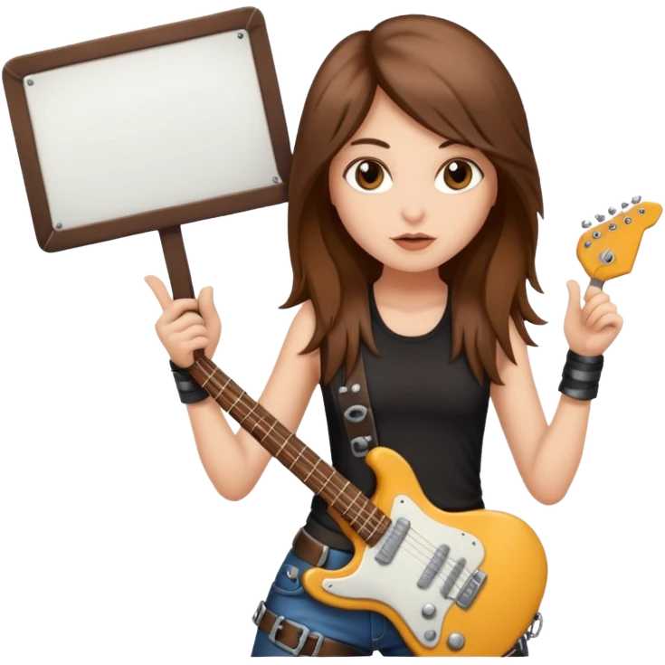 A fair skin rocker chick with long brown hair holding a large blank sign emoji