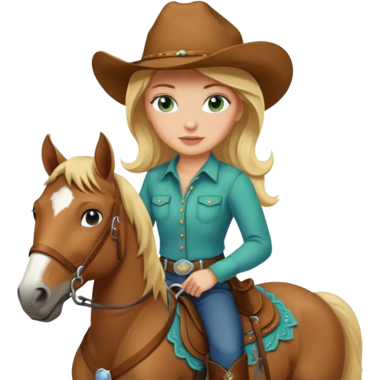 una cowgirl bionda con occhi azzurri/verdi sopra un quarter horse con criniera marrone emoji