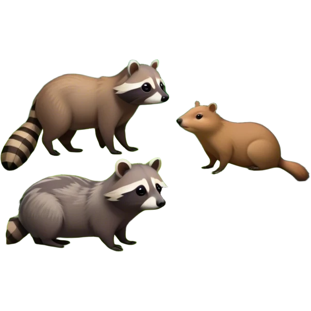 Collage of a raccoon and capybara in a lush, vibrant forest. The raccoon curiously looks around, while the capybara rests peacefully near a stream. The forest is full of green trees, leaves, and soft sunlight. A serene and natural background. emoji