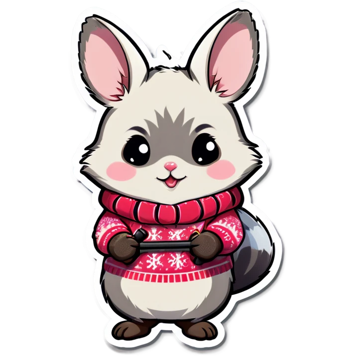 Cute girl chinchilla knitting on wearing snow skis emoji