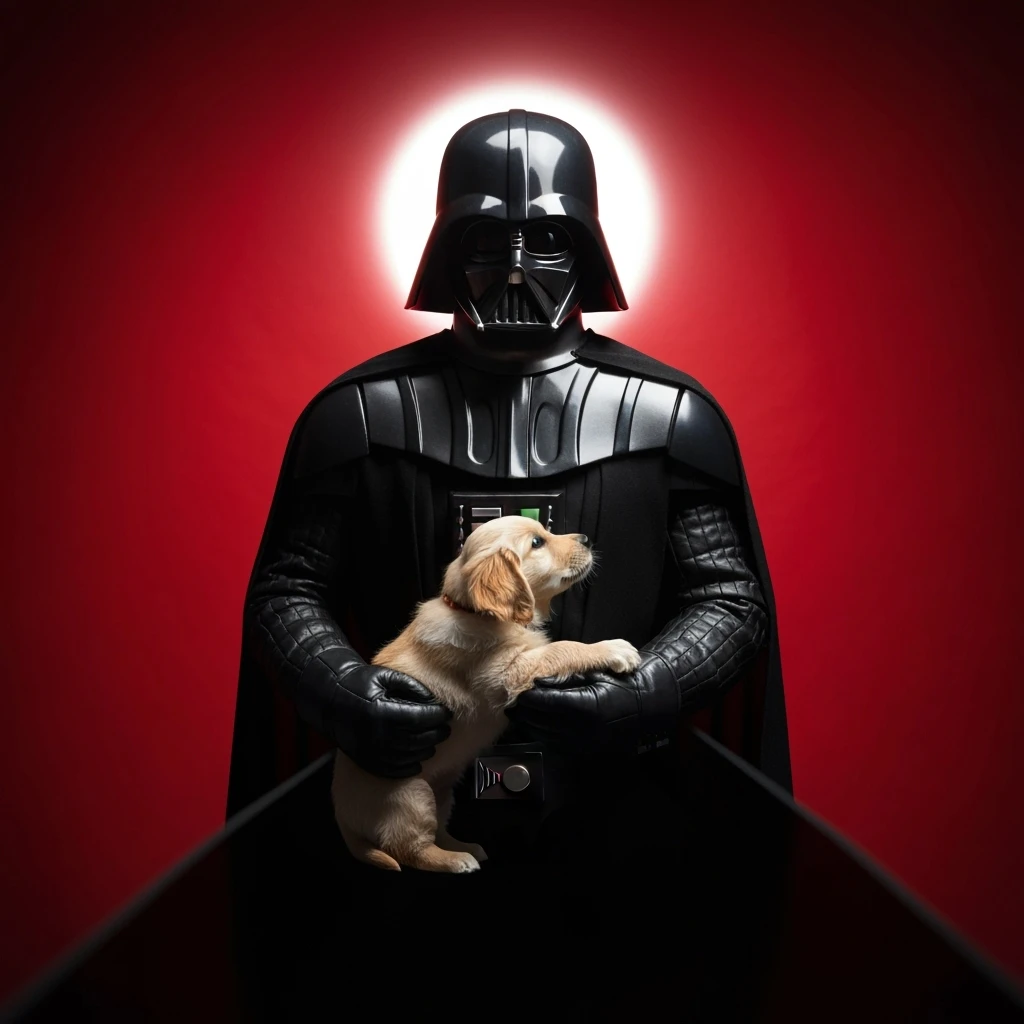 Photo of a darth vader holding puppy golden retriver, low key light, red solid background with leading lines, back light, spot light emoji