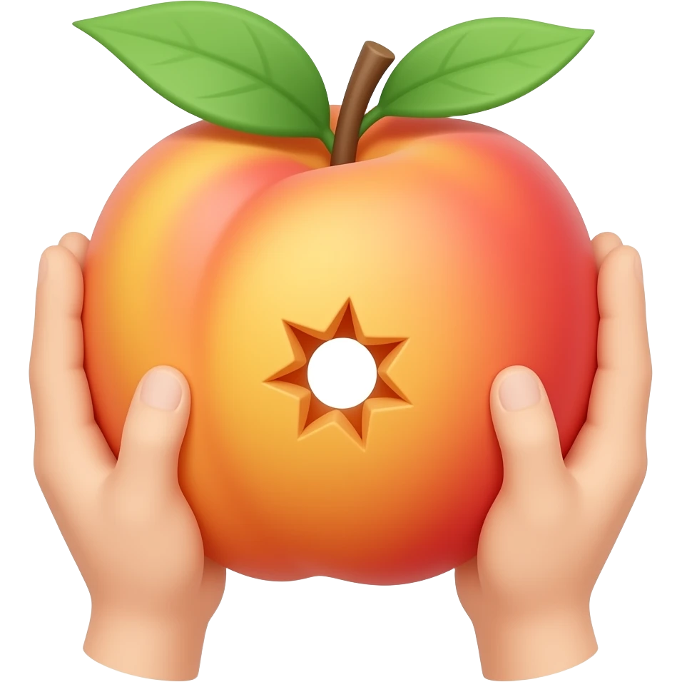 Erstelle ein Emoji von einem Pfirsich mit einem Loch in der Mitte an der außenschale, das Loch kleine Öffnung soll mitten zwischen den Pfirsich-backen liegen. zwei Hände sollen den Pfirsich an den Seiten greifen und das Loch im Pfirsich etwas öffnen emoji