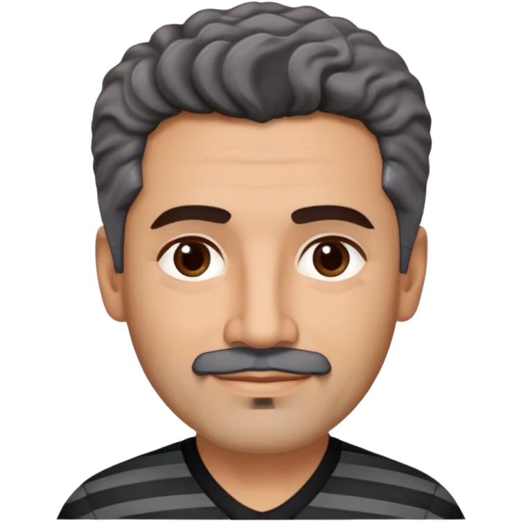 Latino theatre director in his late 40s with cinnamon skin. Square structured face. Approachable expression with gentle smile. Calm dark eyes. Thick eyebrows. Well-groomed black goatee with a few gray hairs. Short curly dark hair. Wearing a black V-neck shirt with gray stripes. emoji