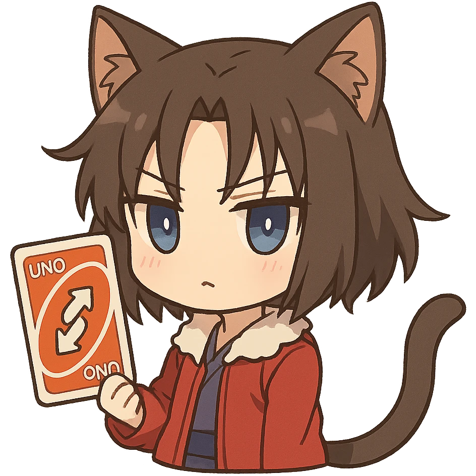 chibi Ryougi Shiki with cat ears and cat tail, magical eyes, holding a UNO reverse card emoji