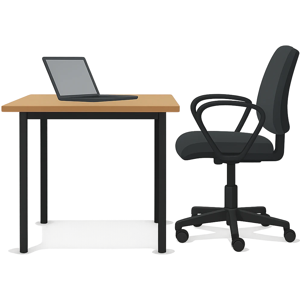Add a laptop on the desk, keep the style and side view. The style is a side view illustration with no background. emoji
