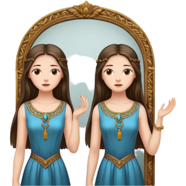 Woman facing ancient mirror, reflection slightly delayed and darker emoji