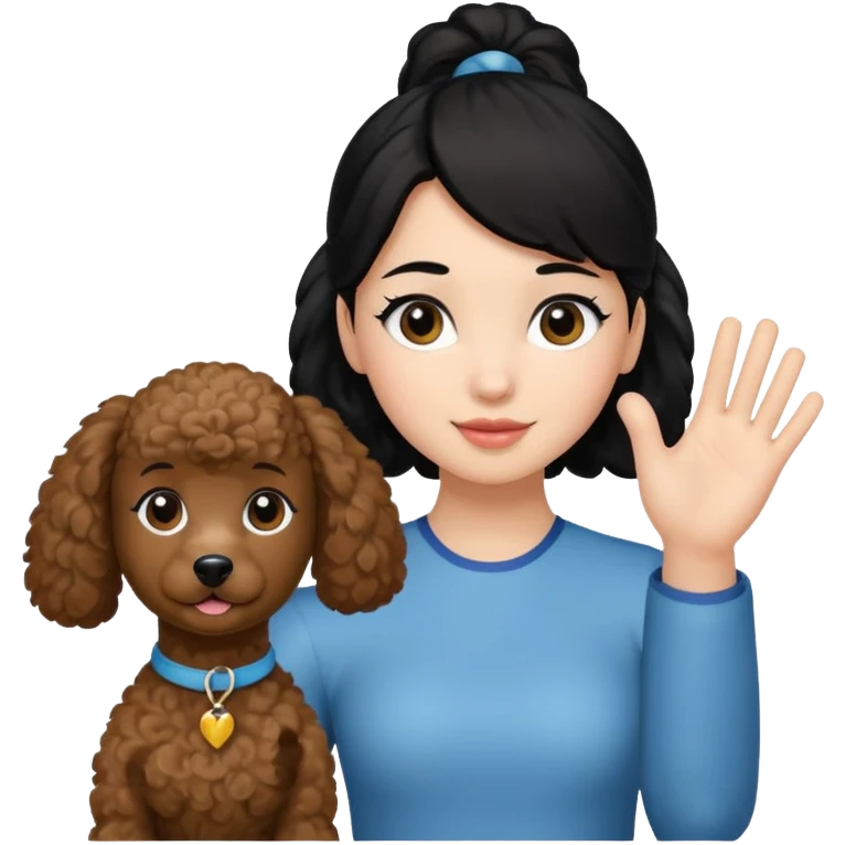 Ponytail black hair girl with brown Poodle say goodbye  emoji