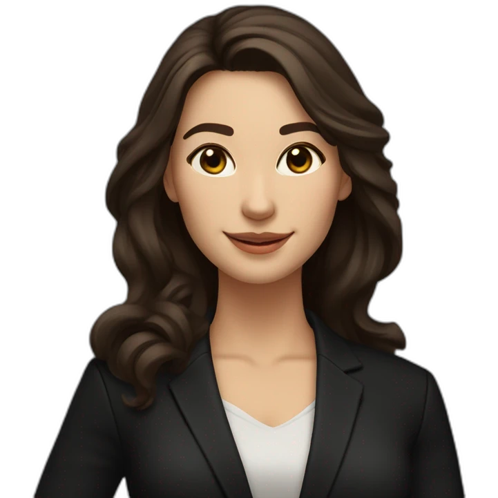 Caucasian Woman with voluminous long dark brown hair, dark brown eyes, pretty smile, dressed with a black blazer and pointing upwards emoji