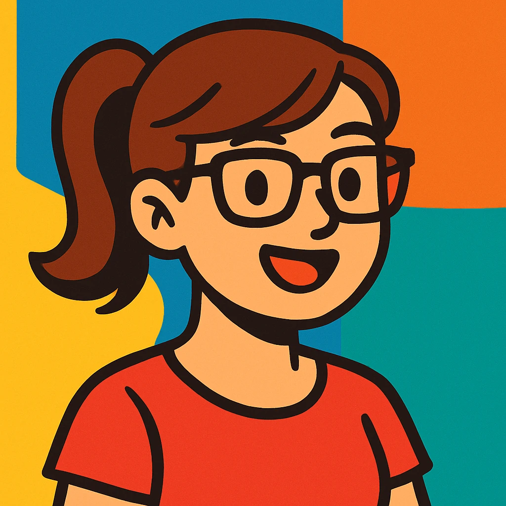 a woman with chestnut hair tied in a ponytail and black frame glasses, vibrant cartoon style emoji