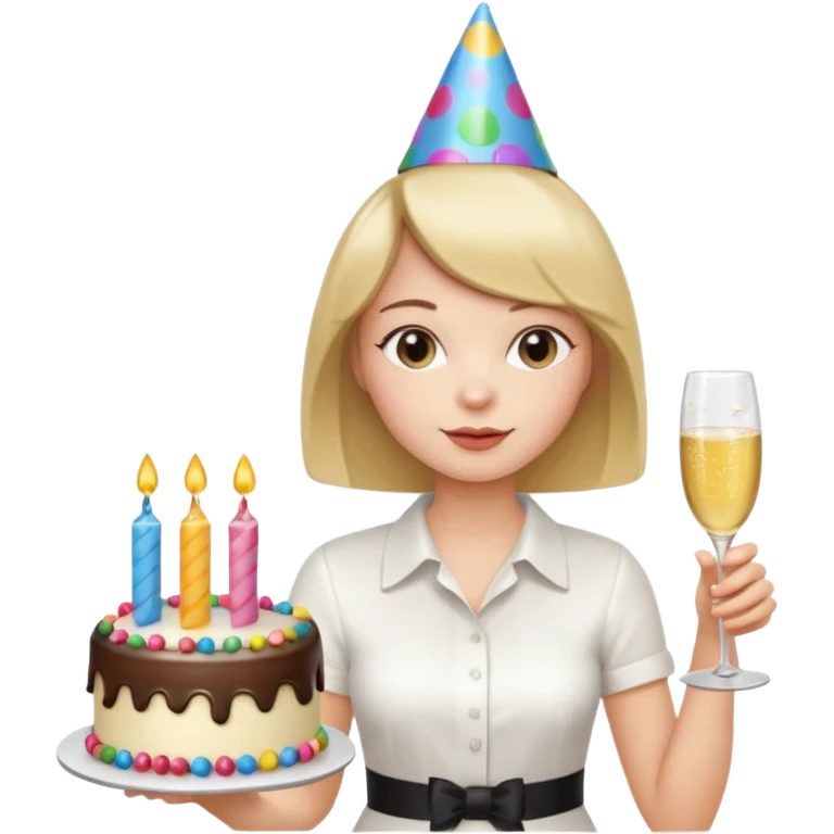 una festa di compleanno con una camicia bianca UNA ragazza con il caschetto e una torta e un cappellino  emoji