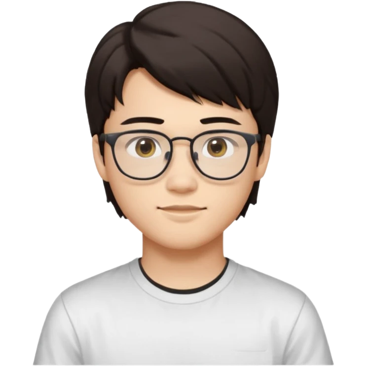 iOS-style emoji
Young man, about 18 years old, with slightly masculine features.
 Slightly Asian eyes, light skin tone, friendly and expressive face.
Accessories and details: Glasses, very dark brown hair, mullet style (short, structured).
Background and clothes: White background and white t-shirt. emoji