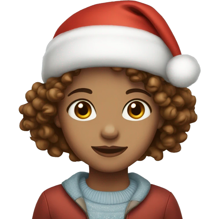 Girl with Light skin blue eyes and Curly brown hair wearing Christmas hat emoji