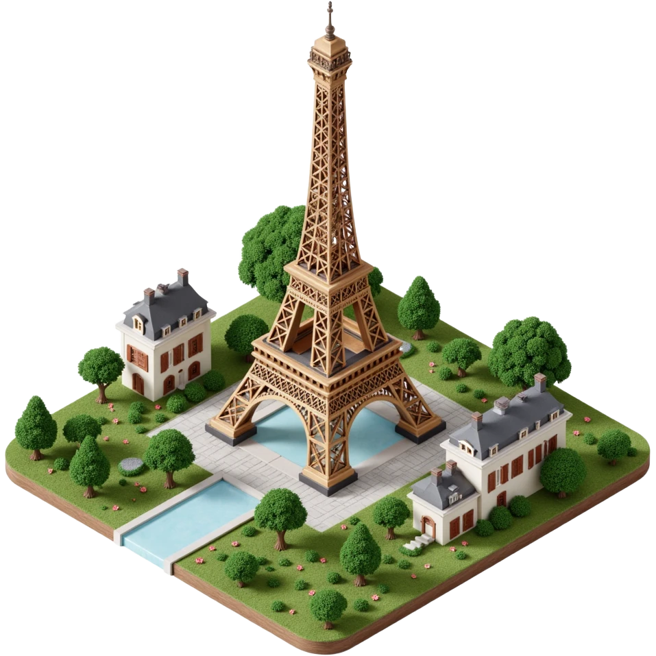 Isometric illustration of Paris, featuring the photorealistic Eiffel Tower surrounded by small Parisian buildings and trees, highly detailed in semi-realistic style emoji
