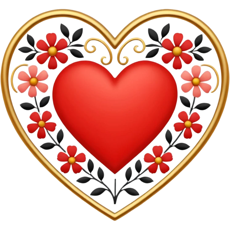 red heart with a simple Scandinavian floral folk motif inside, colorful motif with black outline, simple and bold for small size, gold embossed border around the red heart emoji