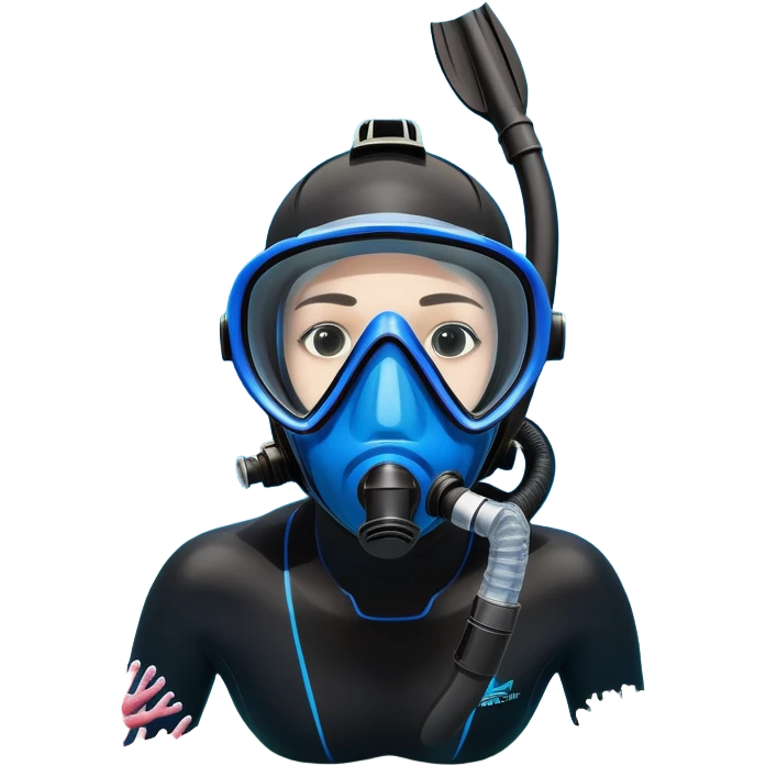 An icon featuring a close-up of a freediving mask and snorkel, with a breath-holding diver's fins, set against a vibrant underwater world. The design includes coral reefs, fish, and bubbles, symbolizing the serene beauty and thrill of freediving. Transparent background highlights the calm emoji