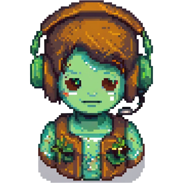 Minecraft support emoji, pixel art style, blocky, with a headset, green and brown colors, inspired by Minecraft game emoji