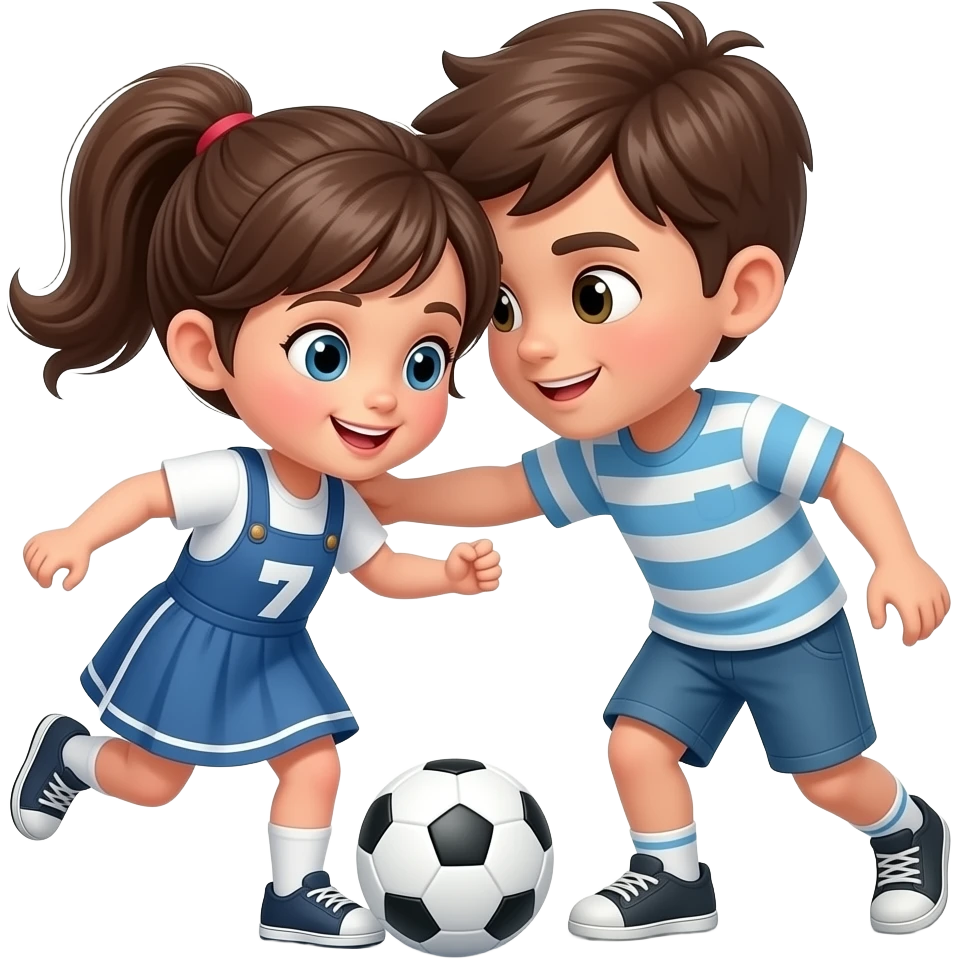 À Little girl playing foot and fight with a boy with a headbutt him emoji