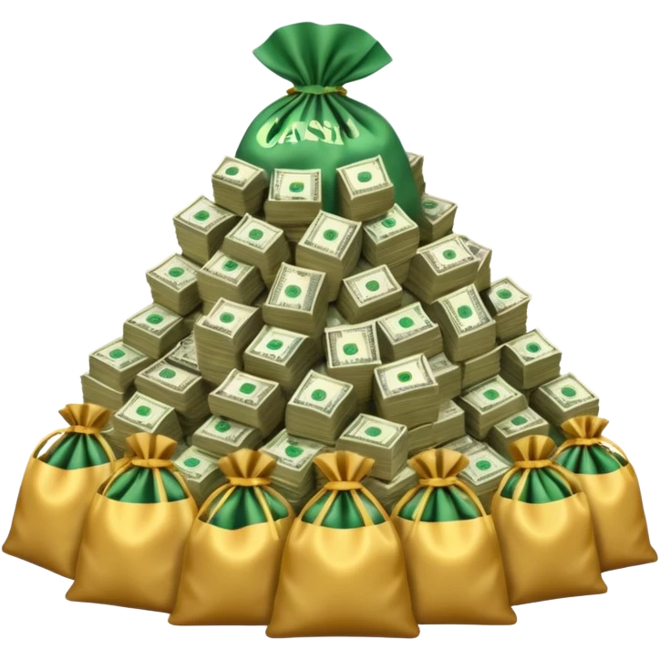 mountain of cash, with bags of money arount emoji