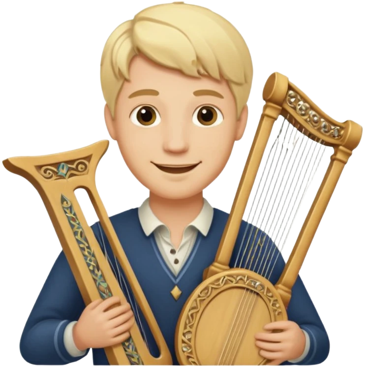 Man with long blonde hair smiling  holding a lyre emoji