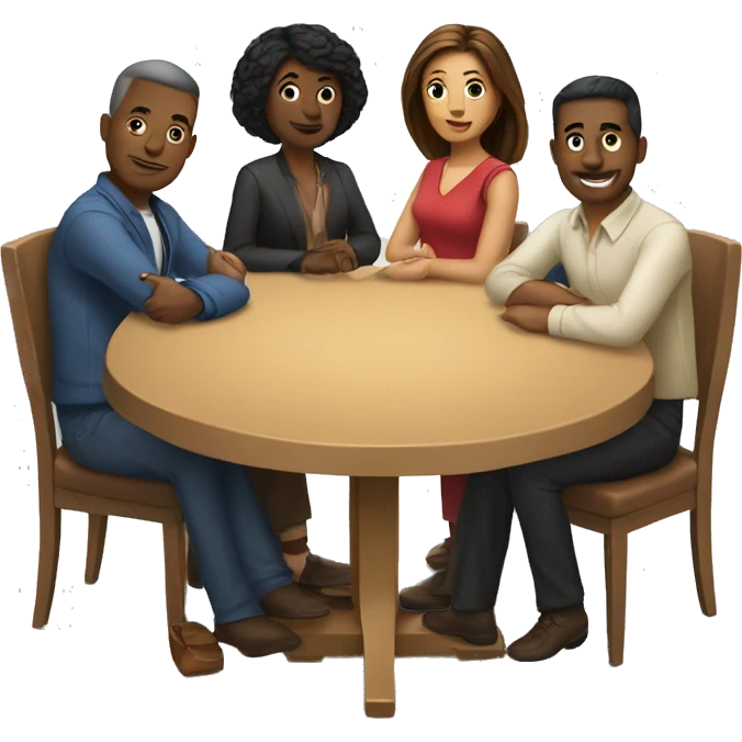 A round table with people sitting around it. They should be diverse in race and hair style emoji