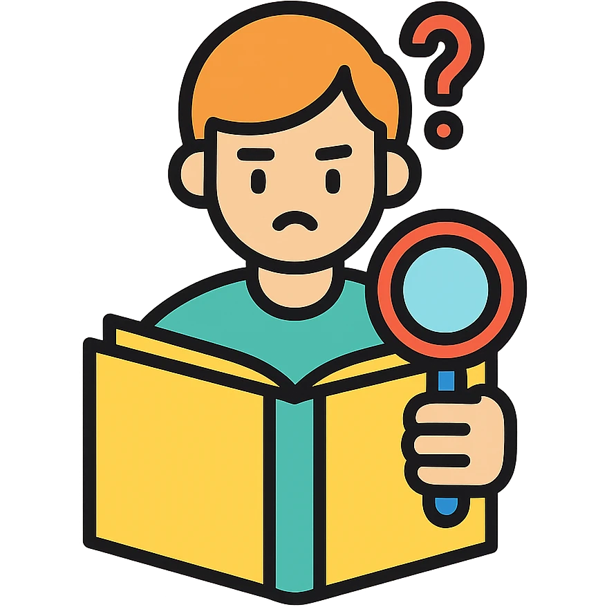 a person reading a book with a magnifying glass, looking confused but determined, colorful icon style emoji