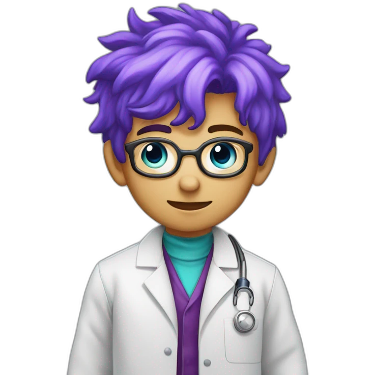 A young boy with a lab coat and a blue shirt underneath with purple hair in the style of the mad scientist emoji