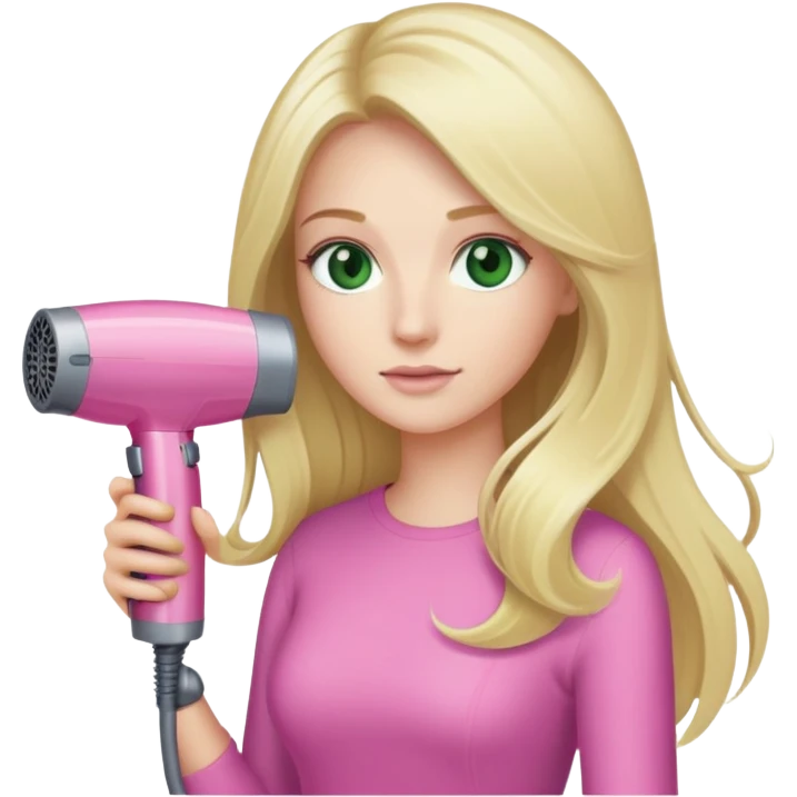 blonde with long hair and swamp eyes holding a pink Dyson hair dryer emoji