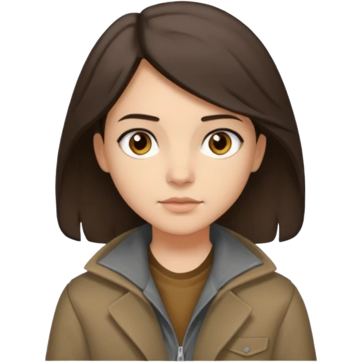 Hobo tomboy with shoulder-length dark brown hair that is parted in the middle. brown eyes, dark dull brown coat, grey shirt. emoji