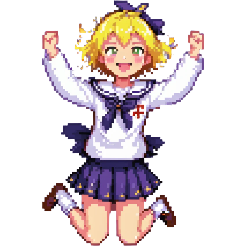 Pixel art anime girl with short bright yellow hair wearing Japanese sailor style school uniform, jumping excitedly with arms raised high, big smile and sparkling happy eyes emoji