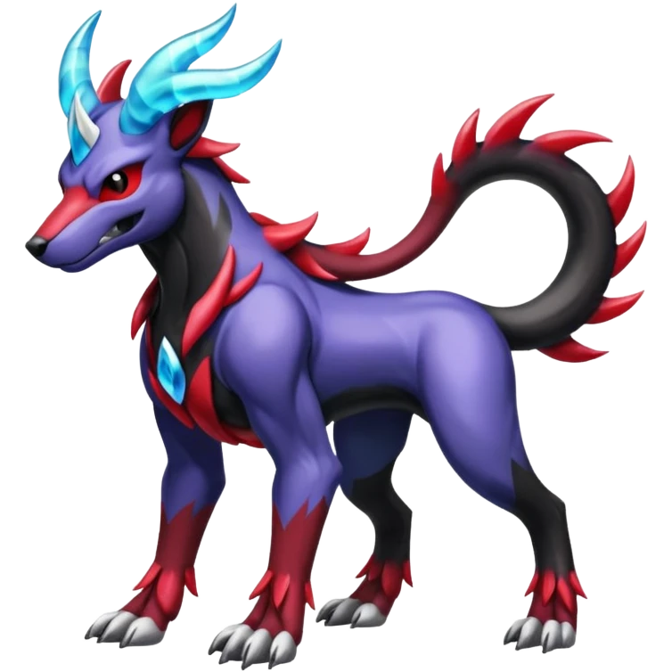 Black and blue and red and purple and white and grey colorful shiny edgy cool badass Manectric-Zygarde-Houndoom-fusion-hybrid-Fakémon-creature, full body emoji