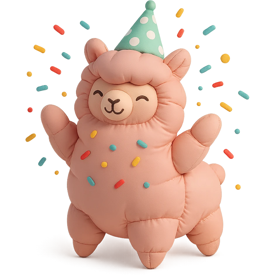 pink alpaca wearing a polka-dot party hat, throwing confetti, cushion style emoji