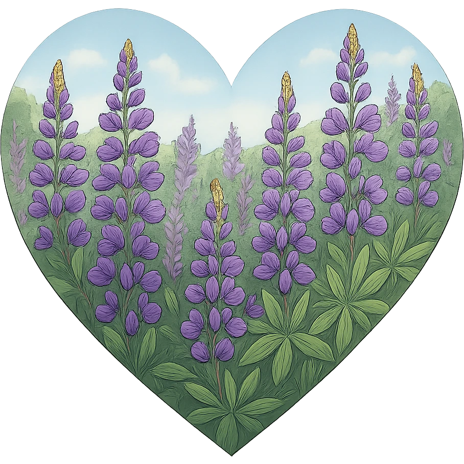 heart with a wild lupine meadow, clean digital illustration, no background emoji