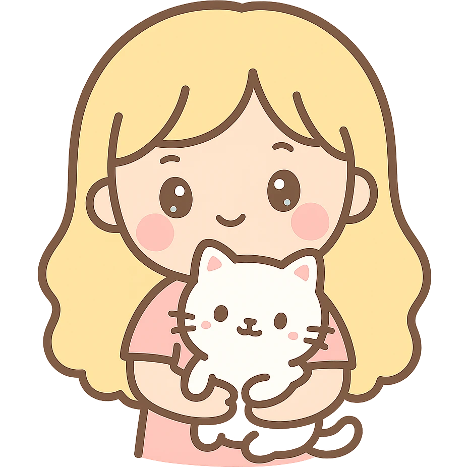 blonde girl holding a white cat, friendly and cute style emoji