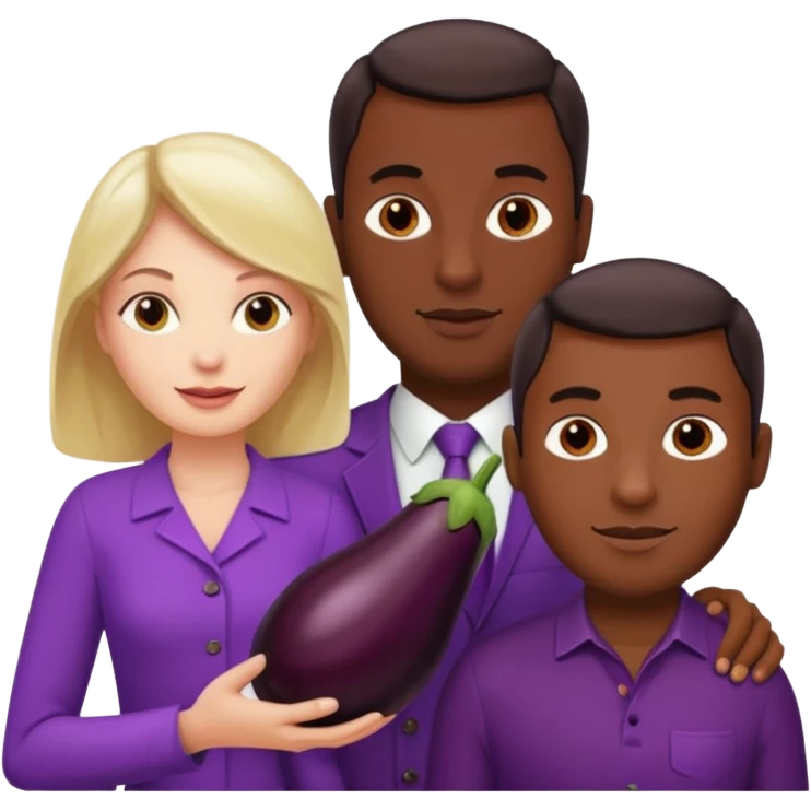 A white woman next to a dark man holding an aubergine in front the mans crotch area emoji