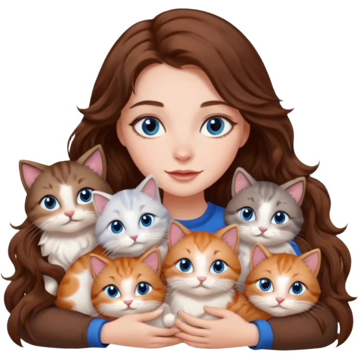 girl with long wavy brown hair, blue eyes, long lashes makeup, cuddling with 6 cats emoji