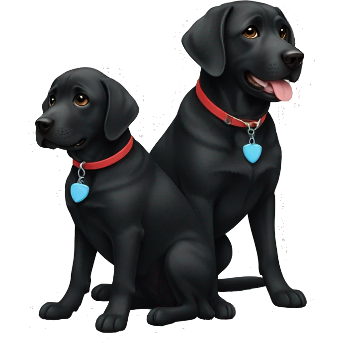 2 black labradors. one on the left black, smaller size. The dog on left black with a light blue collar. dog on right with red collar. emoji