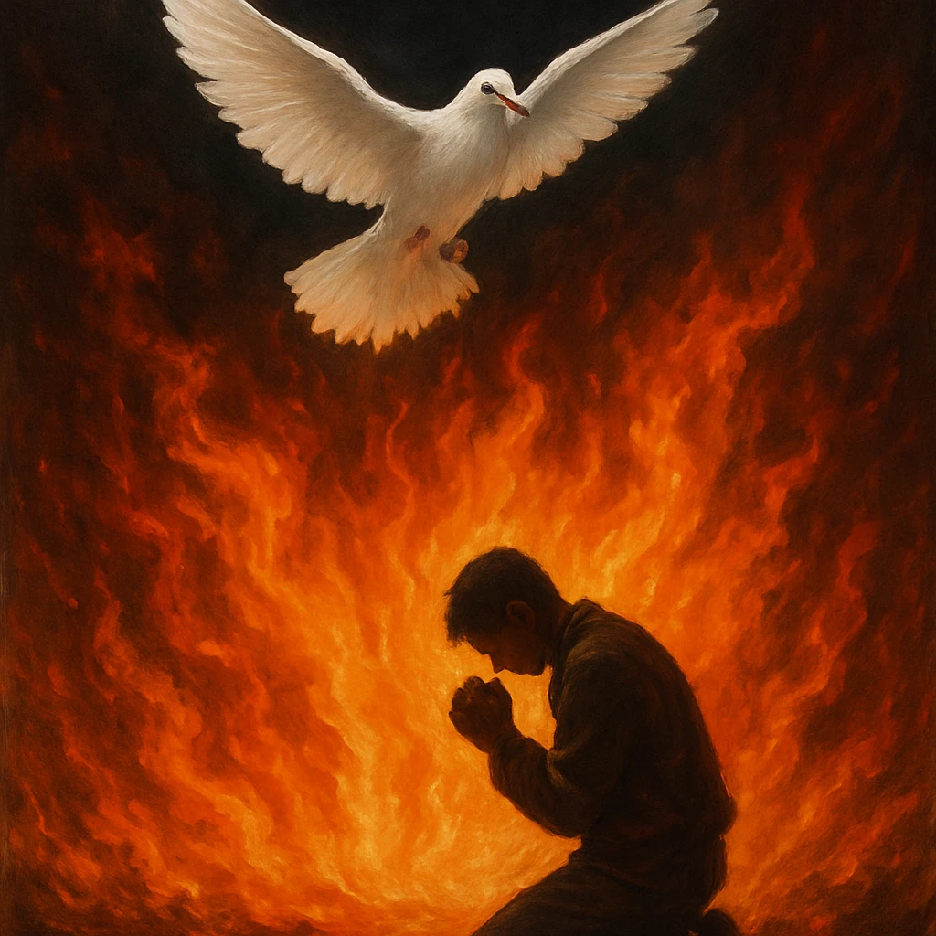 a white dove flying above flames, a person kneeling in prayer below emoji