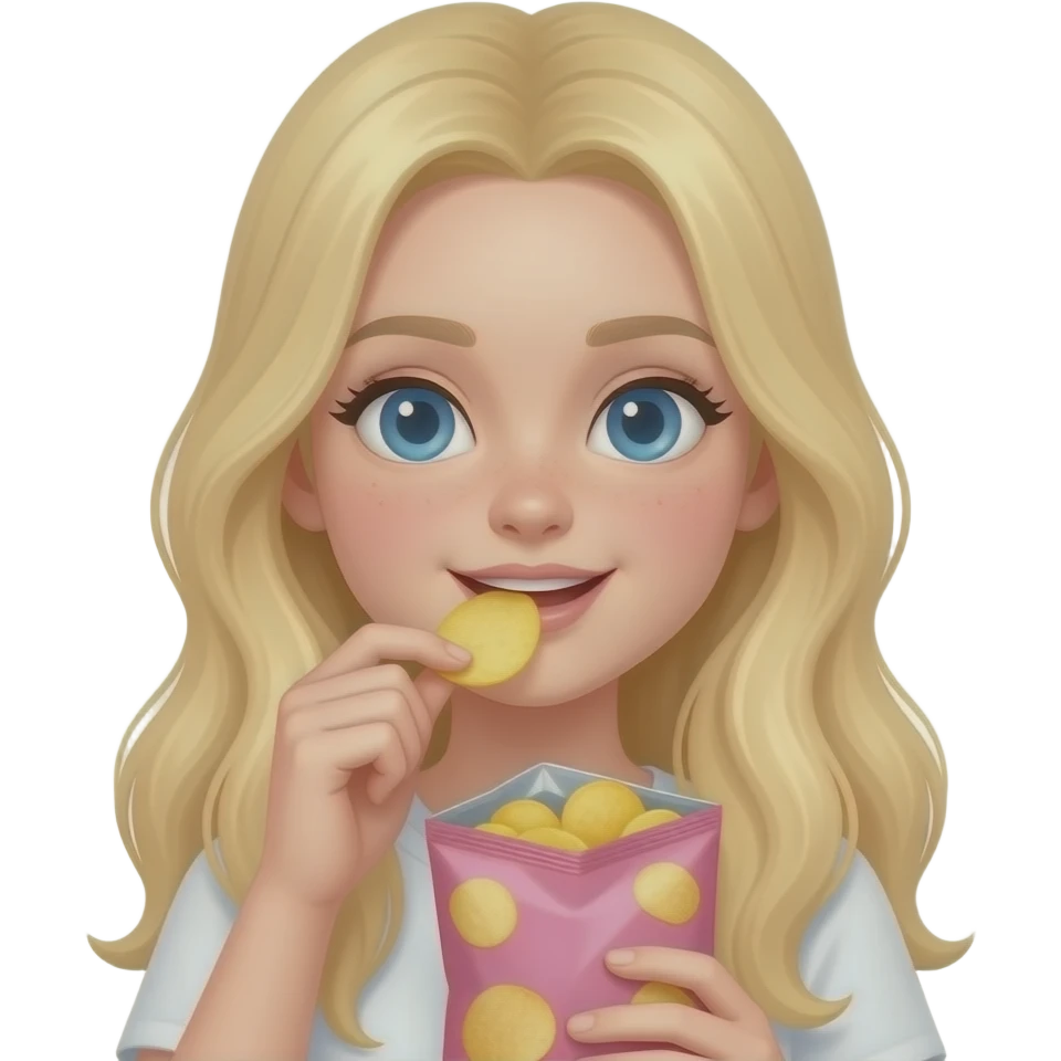 Aesthetic blonde hair and white skinned girl eating from a chips packet which is pink in color but chips are pastel yellow emoji