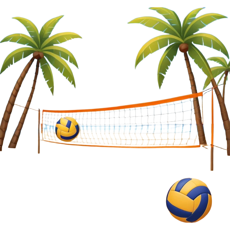 A volleyball resting on the orange sand grownd of a beach, with a volleyball net in the background. The scene captures a sunny beach atmosphere with clear blue sea and sky, palm trees swaying, and people in swimsuits enjoying the vibrant surroundings emoji