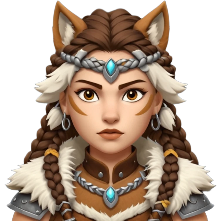 barbarian woman wolf rider portrait, head and shoulders only, fierce female warrior, fur-lined barbarian armor collar, wolf fur details, wild braided hair, intense eyes, tribal warrior vibe, fantasy style, 3D cartoon, mobile game icon style, clean background, no text, no watermark
 emoji
