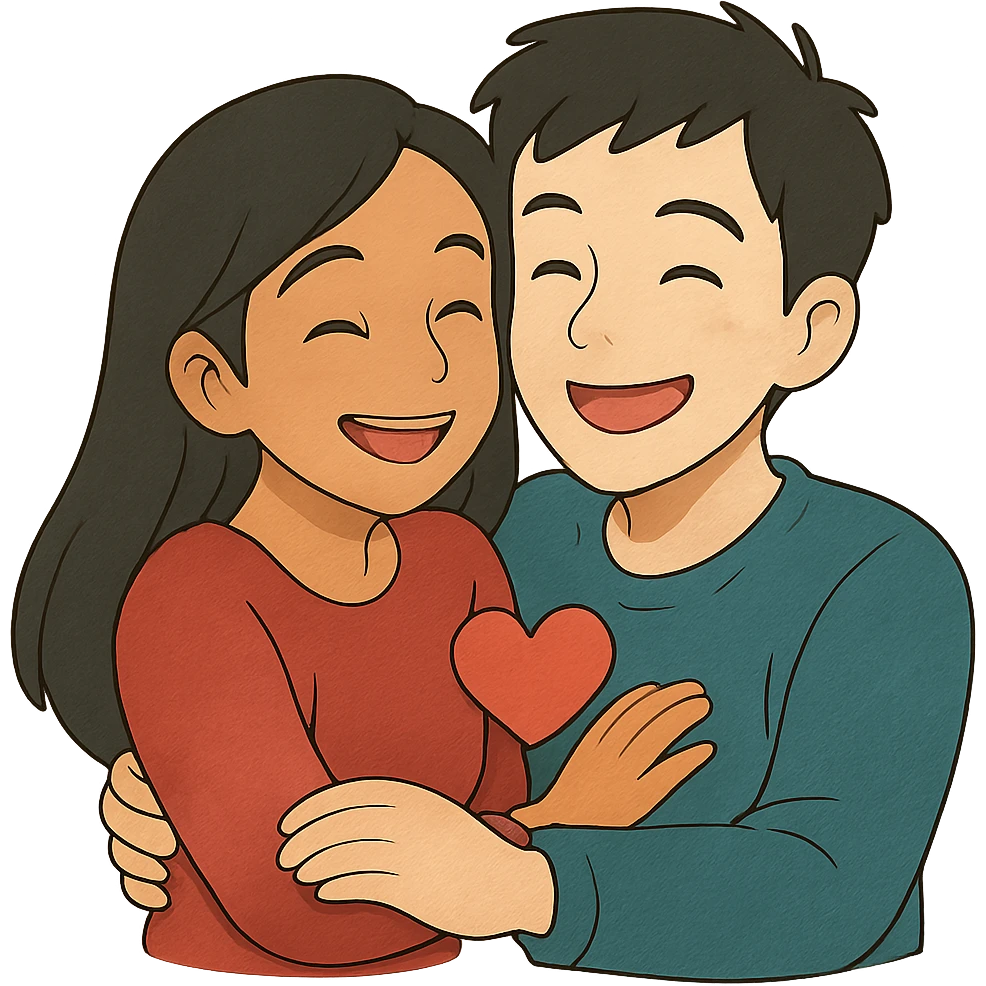 An emoji of a happy couple, the woman has long black hair and a light brown skin tone, while the man has short black hair and a white skin tone. They are in a romantic pose, expressing love and joy with warm facial expressions and affectionate gestures. emoji