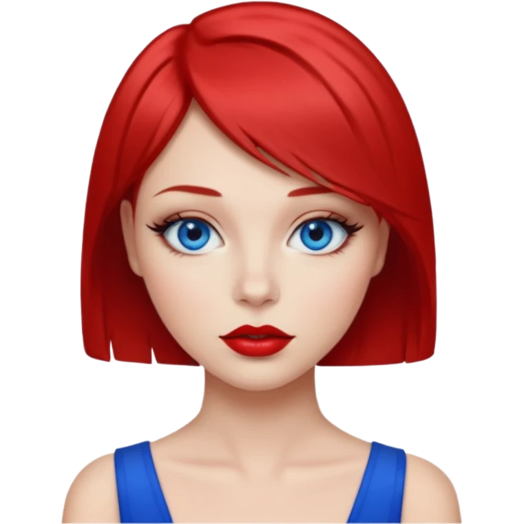 una chica con los labios y los ojos maquillados, de piel blanca con el pelo liso corto pelirrojo y ojos celeste emoji