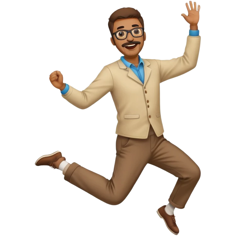  Brown Man with mustache and long goatee and glasses Jumping with joy with 2 arms and 2 legs  emoji