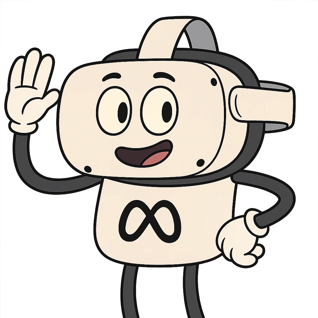 cartoon style illustration of the Meta Quest 2 VR headset, simple and recognizable, white with black accents, playful and friendly look emoji