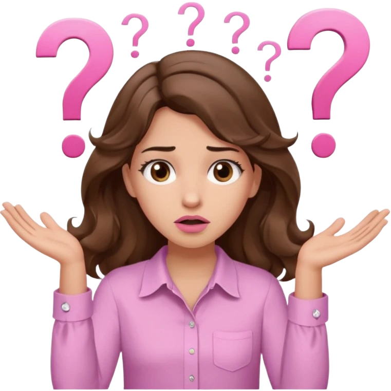 girl with wavy long brown hair, brown eyes, light to medium complexion, long lashes, light pink lipstick, wearing light pink shirt, shrugging with both hands, confused, question mark emoji