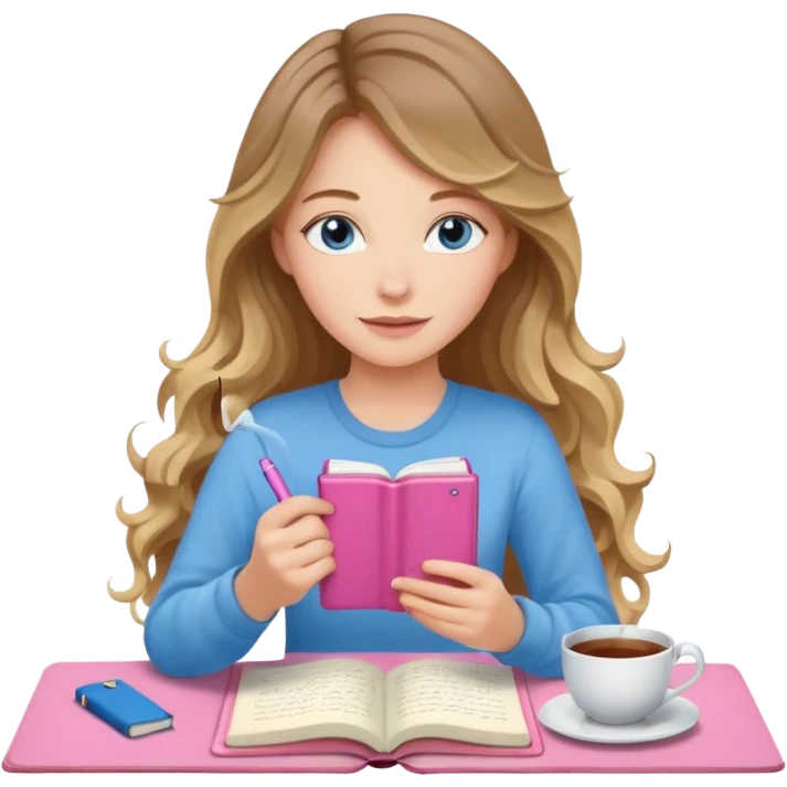 pretty female with long wavy brown hair with blonde highlights and blue eyes writing in a relaxed position in a pink journal with a cup of tea emoji