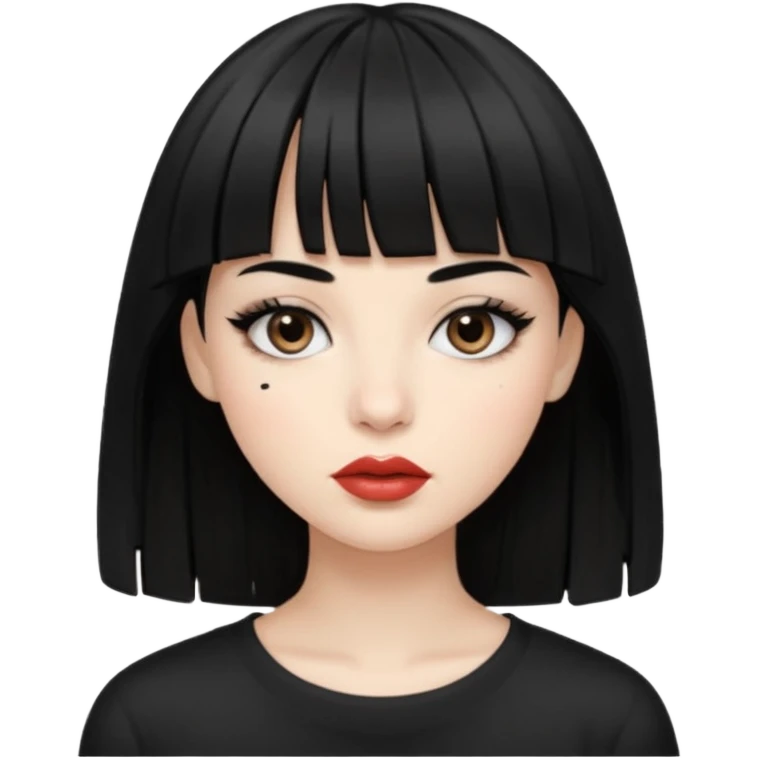 a girl with fair skin and black hair. she has bangs that reach her eyebrows. her eyebrows are thin and black. her eyes are gray. her lips are full and she wears light brown lipstick. emoji