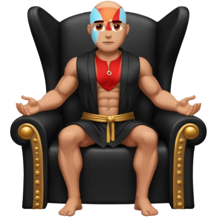 fullbody jacked bald guy, sleeveless and unbuttoned in full black robe sitting emoji